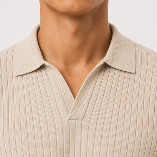 Classic Ribbed Knit Polo - beige