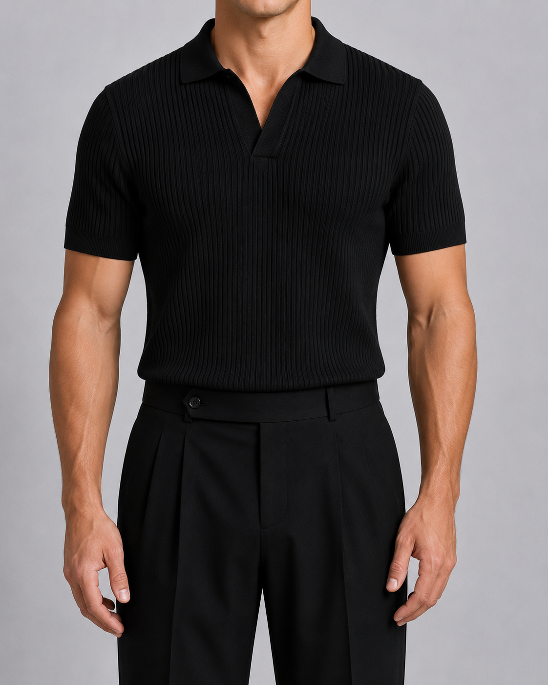 Classic Ribbed Knit Polo - Black