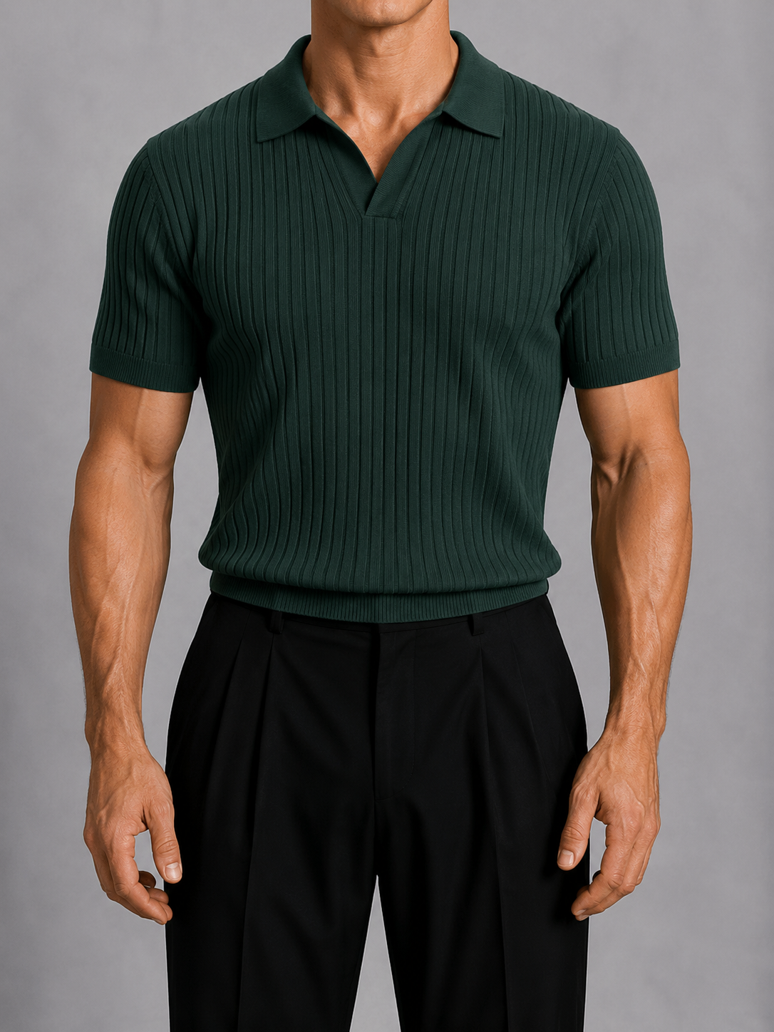 Classic Ribbed Knit Polo - Dark Green