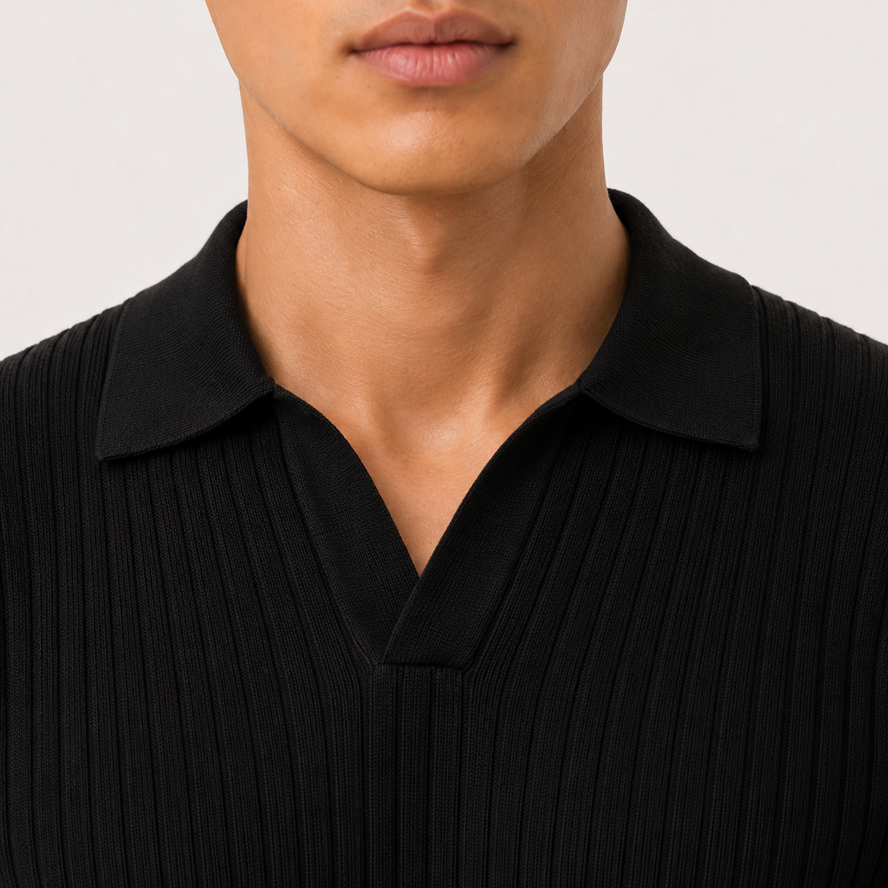Classic Ribbed Knit Polo - Black