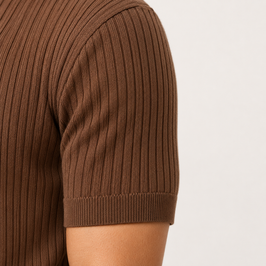 Classic Ribbed Knit Polo - Brown