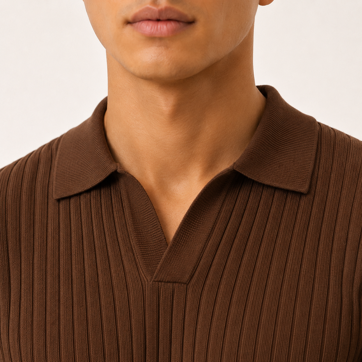 Classic Ribbed Knit Polo - Brown