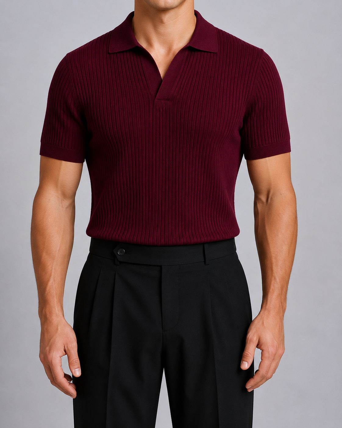 Classic Ribbed Knit Polo - Burgandy