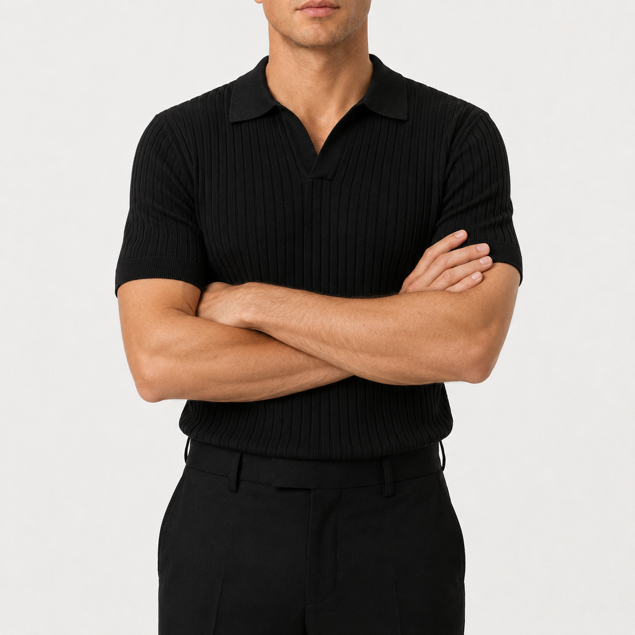 Classic Ribbed Knit Polo - Black
