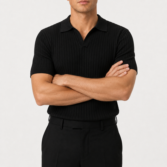 Classic Ribbed Knit Polo - Black