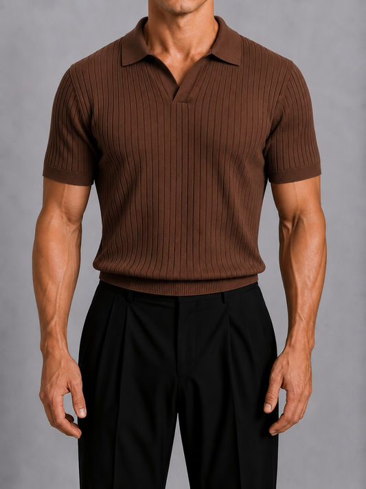 Classic Ribbed Knit Polo - Brown