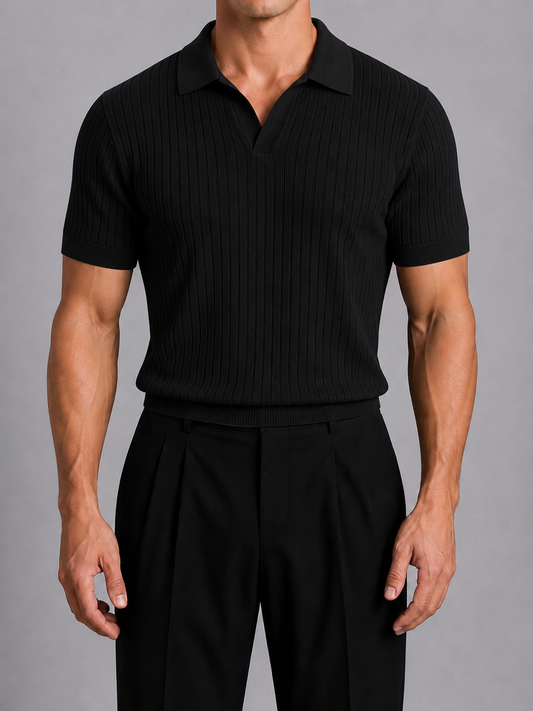 Classic Ribbed Knit Polo - Black