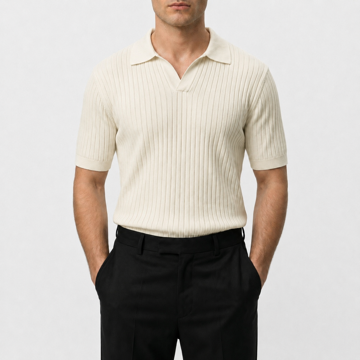 Classic Ribbed Knit Polo - Off white