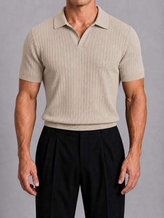 Classic Ribbed Knit Polo - beige